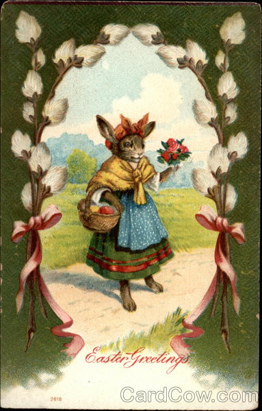 Bunny Rabbit With Bouquet and Basket With Bunnies