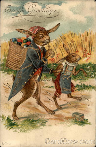Father and Son Bunny Delivering Easter Eggs With Bunnies