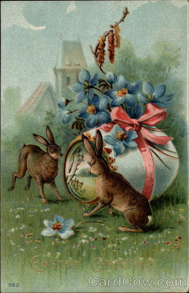 Two Bunnies With Large Decorated Egg With Bunnies