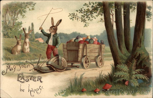 Bunny Commanding Snail Pulling Easter Wagon of Eggs