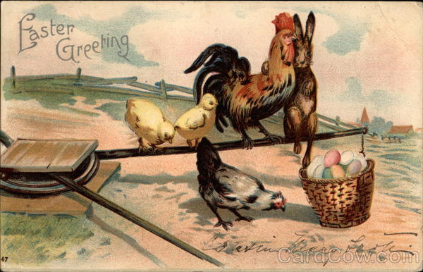 Chickens With Easter Egg Basket With Chicks