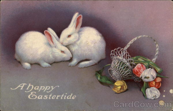 Two Quiet Bunnies and a Basket of Tulips With Bunnies