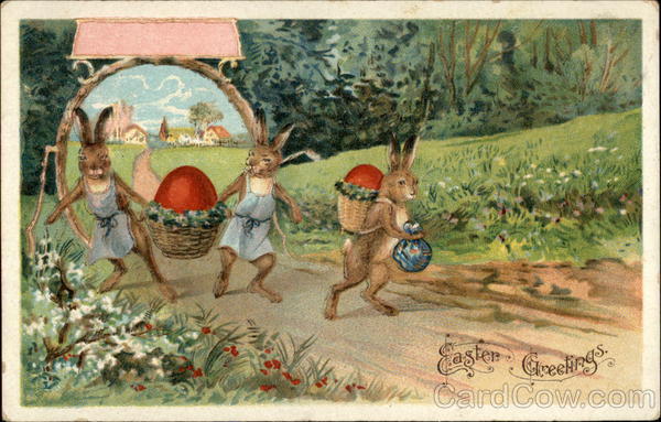 Rabbits Carrying Eggs Down A Dirt Path With Bunnies