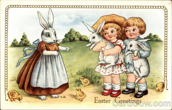 Little girl and boy with Easter Bunnies and Bunny Mom