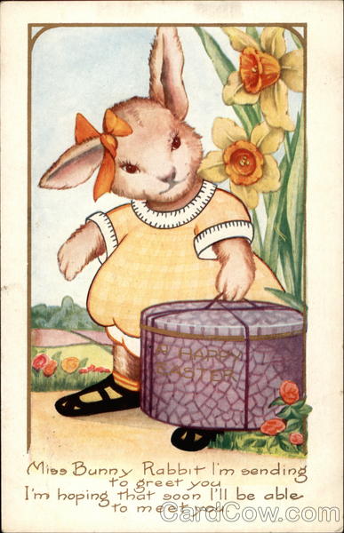 Girl bunny in dress carrying hat box With Bunnies