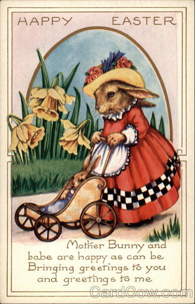 An Elegant Mother Bunny Pushing Offspring In Stroller