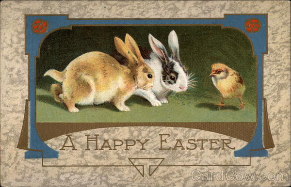 Two Bunnies Regard a Chick With Bunnies