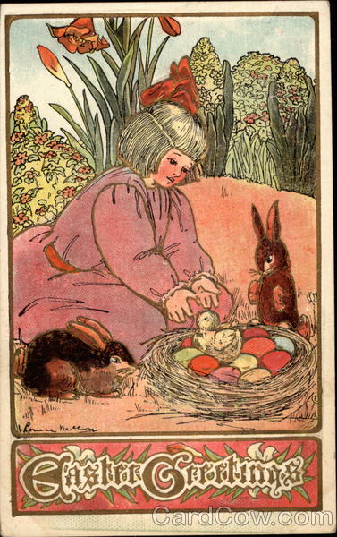 Girl With Bunnies, Chick and Nestful of Easter Eggs