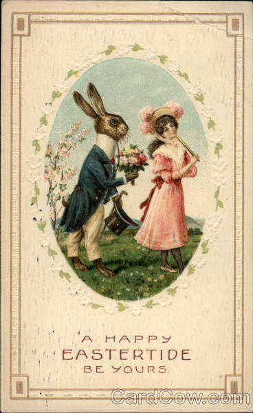 Male bunny giving woman flowers With Bunnies