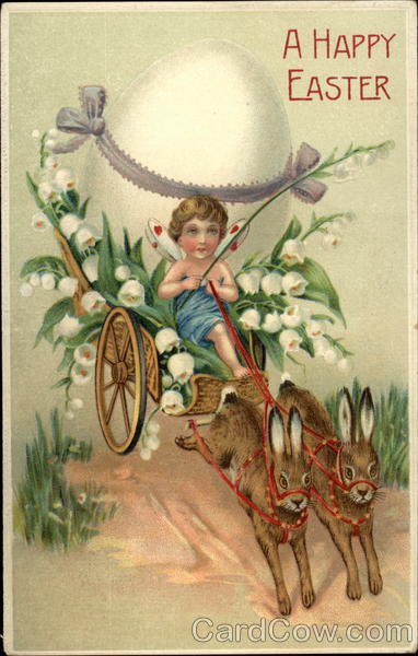 Bunnies Pull Cart With Egg and Lily of the Valley Eggs