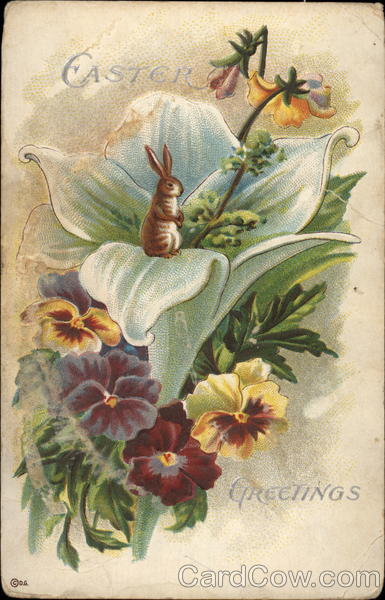 A Wee Bunny Amidst Pansies and a Lily With Bunnies