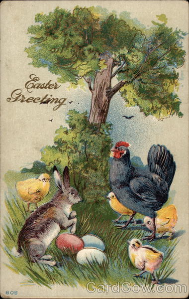 Hen, Chicks, Bunny and Eggs Beneath a Large Tree With Chicks