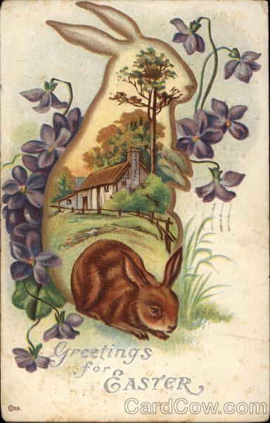 Bunny, Violets and Farmhouse With Bunnies