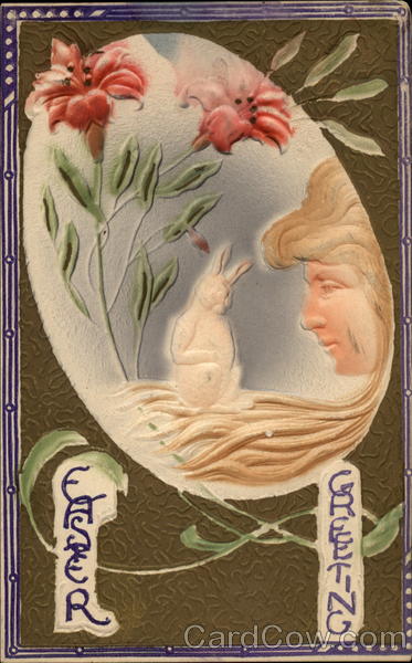 Large egg with face of woman looking at bunny Eggs
