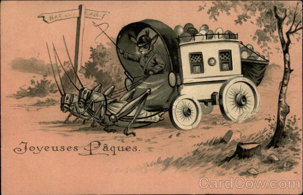 Quaint Egg Delivery Service with Bunny and Grasshoppers