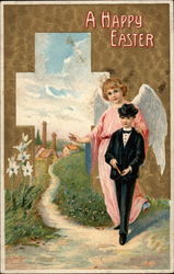 Angel & Boy In Front Of Cross With Angels Postcard Postcard