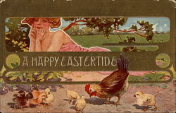 A Pink Lady Watching Over Chicks Postcard