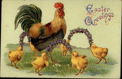 Chicks Circle Rooster With Flowers Postcard