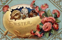 Three Easter Chicks Peeping from a Golden Egg Postcard