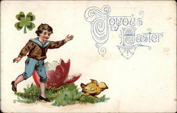 A Boy Walking After a Chick With A Four Leaf Clover Postcard