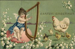 An Angel Plays the Harp For Chicks and Momma Hen Postcard