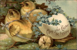 Two Chicks Pull Cart With Egg and Flowers Postcard
