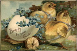 Two Chicks Pull Cart With Egg and Flowers Postcard