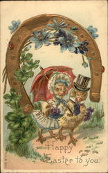 Two Chicks and a Lucky Horseshoe with Four-Leaf Clovers Postcard