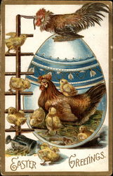 Chicken with chicks and large Easter egg Postcard