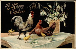 Rooster and hen with three chicks, standing on table Postcard