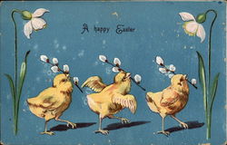 Three Chicks Carrying Flowers In A Row With Chicks Postcard Postcard