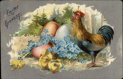 Rooster and Chicks With Easter Eggs Postcard