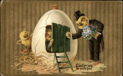 Chick Suitor With Bouquet Knocks at Egg Door Postcard