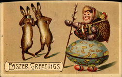 Bunnies Watching A Woman On Egg Vehicle Postcard