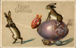 Bunnies Play With Toy Horse Made of Easter Eggs Postcard