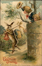 Boy and Girl Wave to Bunny on Road Postcard