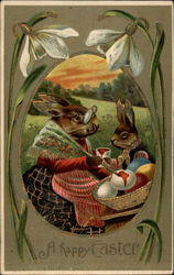 Grandma and Grandchild Bunny Painting Easter Eggs Postcard