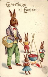 How Bunnies Dye Easter Eggs: Father and little Bunnies Postcard