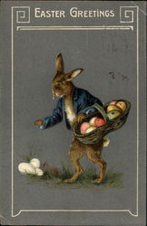 Bunny in Blue Jacket Carries Basket of Easter Eggs Postcard