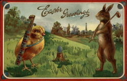 Chick and Bunny Playing Golf With Bunnies Postcard Postcard