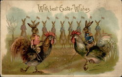 Dueling bunnies riding roosters Postcard