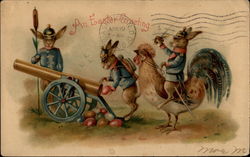 Military Bunnies Prepare to Fire Egg Cannon for Easter Postcard