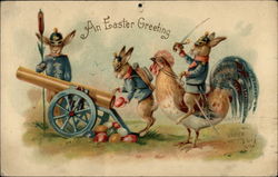 Bunny Soldiers--One Riding Hen, One Loading Eggs Into Cannon Postcard