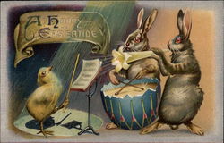 A Chick Orchestrating For Two Bunnies Postcard