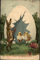 Two Chicks Singing a Hymn with a Bunny on Guitar Postcard