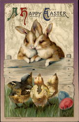 Two Bunnies Regard Three Chicks Over a Fence Postcard