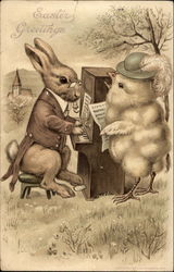 Easter bunny playing piano and chick singing Postcard
