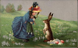 Girl With Doll Meets Bunny With Eggs Postcard