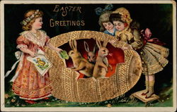 Three Little Girls and Rabbits in a Golden Egg Postcard