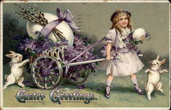 Girl Pulls Cart With Egg and Violets Postcard